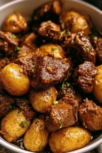 Slow Cooker Garlic Butter Beef Bites with Potatoes served in a bowl