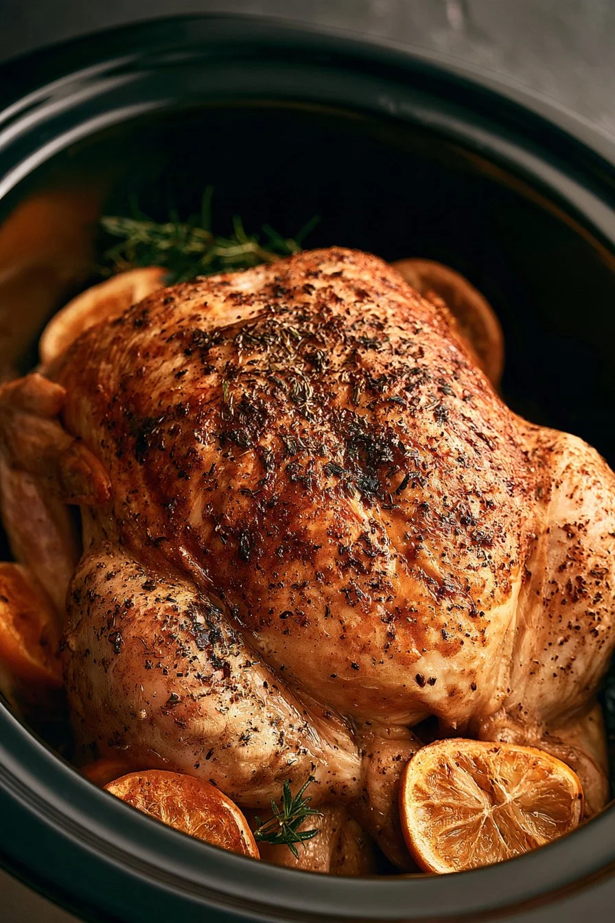 Delicious slow cooker whole chicken garnished with herbs and spices.