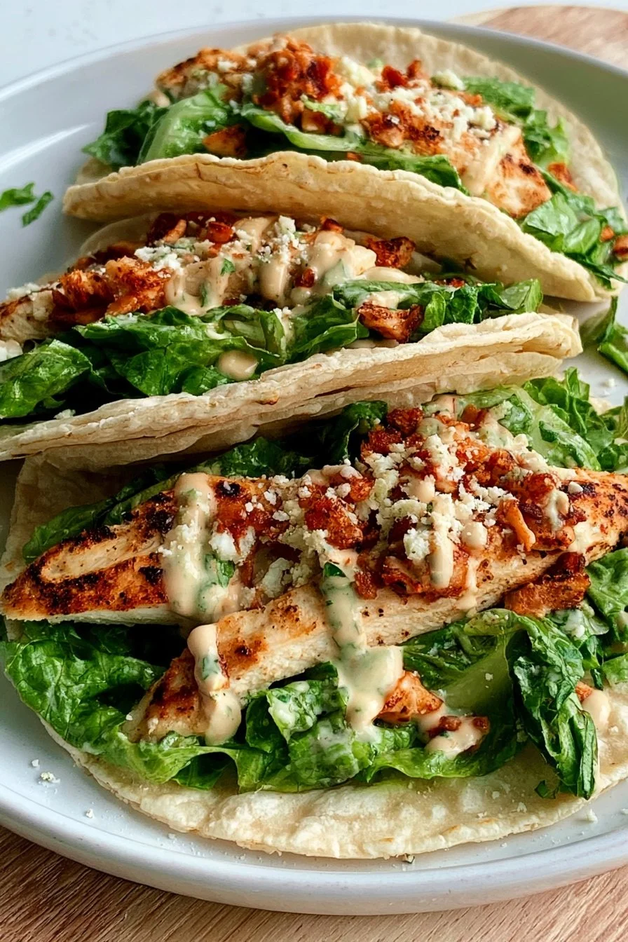 Smash Chicken Caesar Tacos with fresh ingredients and toppings.
