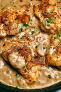 Delicious sour cream and onion chicken served on a plate with herbs