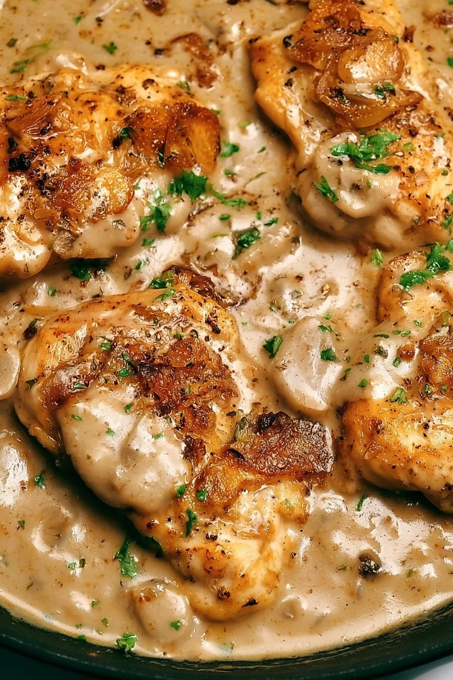 Sour Cream and Onion Chicken with a Gentle Pan Sauce 1 Delicious sour cream and onion chicken served on a plate with herbs