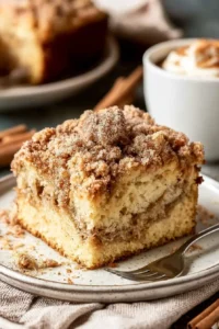 Delicious sour cream coffee cake topped with cinnamon streusel