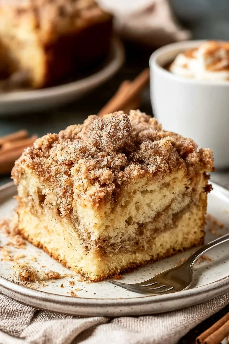 Delicious sour cream coffee cake topped with cinnamon streusel