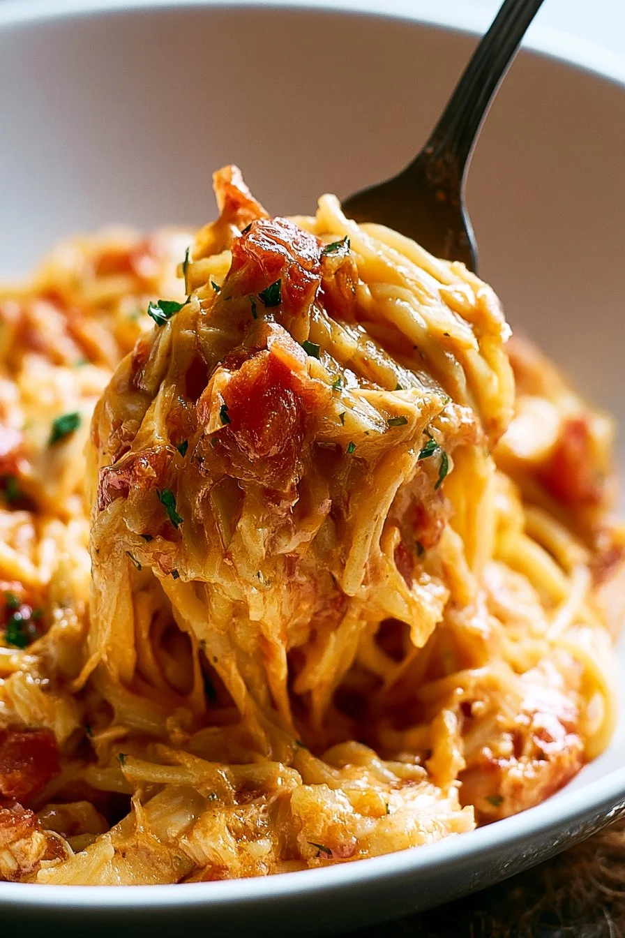 Delicious Southern Chicken Spaghetti with RoTel served in a bowl