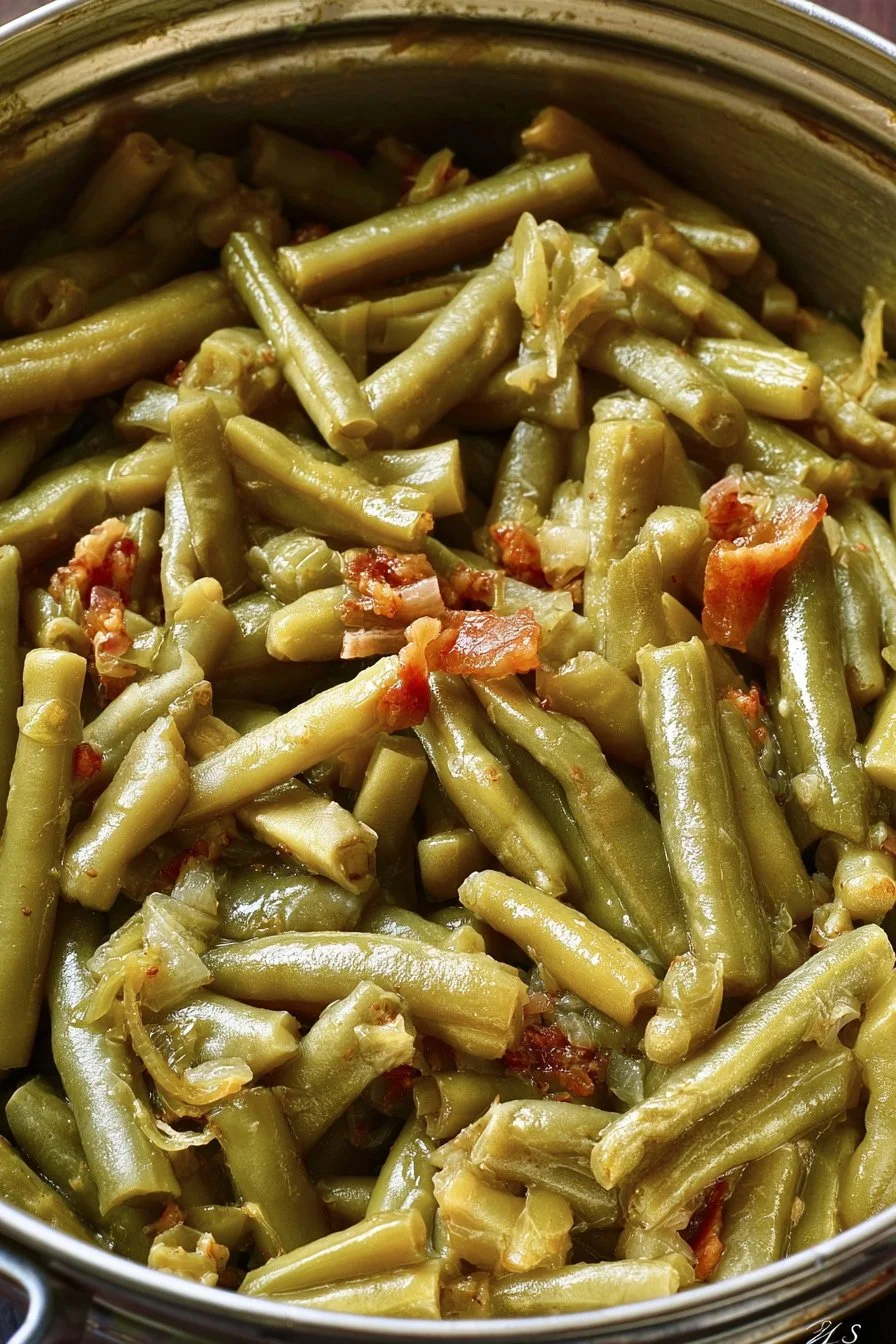 Southern-Style canned green beans in a serving dish with seasoning.