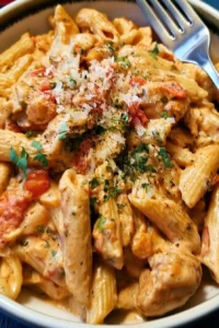 Penne pasta and chicken in a creamy sauce with tomato pieces