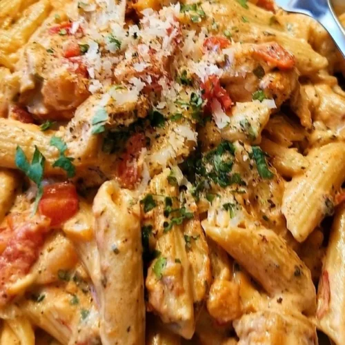 Penne pasta and chicken in a creamy sauce with tomato pieces