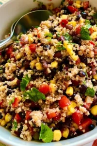 Colorful Southwest Quinoa Salad with veggies and spices in a bowl