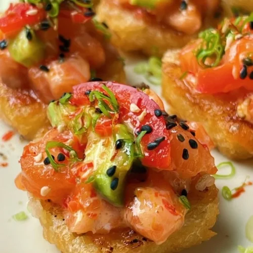 Crispy rice rounds topped with chopped salmon, avocado, and sesame seeds