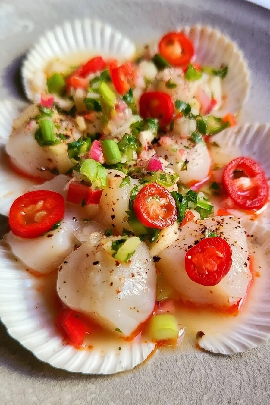 Delicious spicy scallop ceviche served in a stylish bowl
