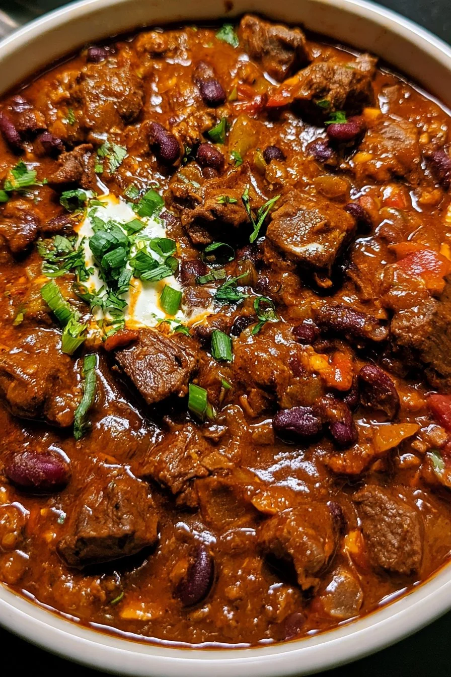 Bowl of spicy steak chili garnished with fresh herbs and served with cornbread