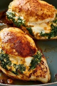 Spinach stuffed chicken breasts served with a side of vegetables