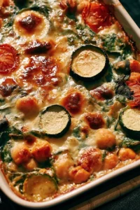 Spinach Zucchini Chickpea Bake in a baking dish full of colors and textures.