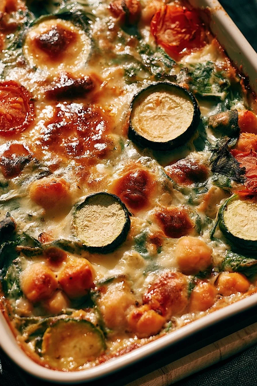 Spinach Zucchini Chickpea Bake in a baking dish full of colors and textures.