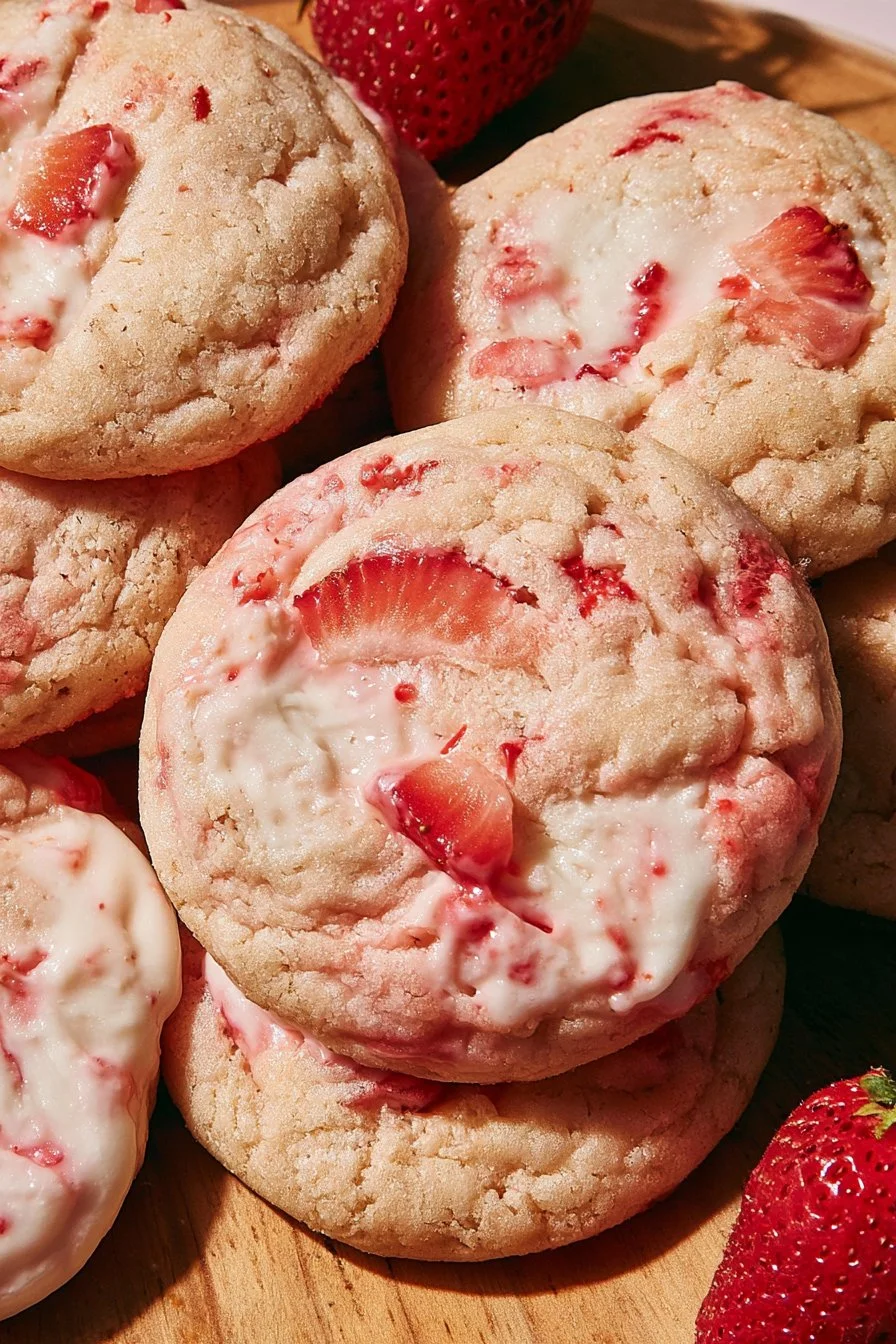 Delicious strawberry cheesecake cookies with fresh strawberries and cream cheese frosting.