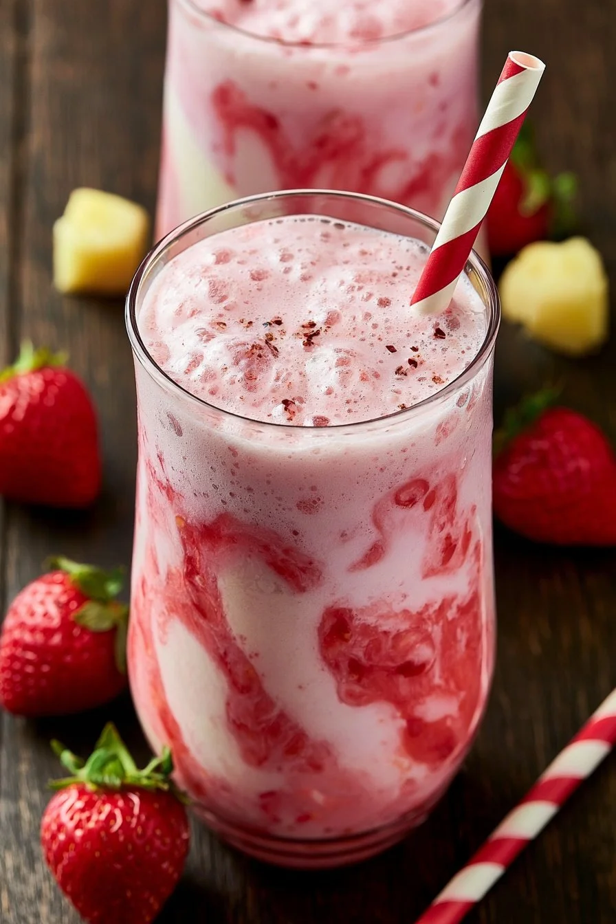 Home 30 Delicious Strawberry Colada smoothie in a glass with fresh strawberries
