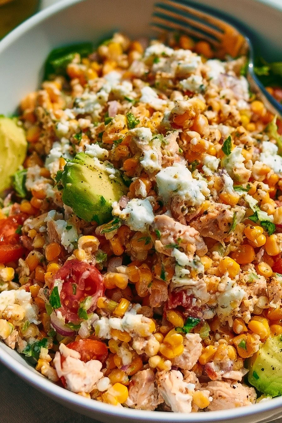 Delicious street corn chicken salad with vibrant ingredients and textures.