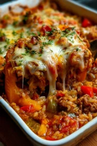 Delicious stuffed pepper casserole served in a bowl with fresh herbs