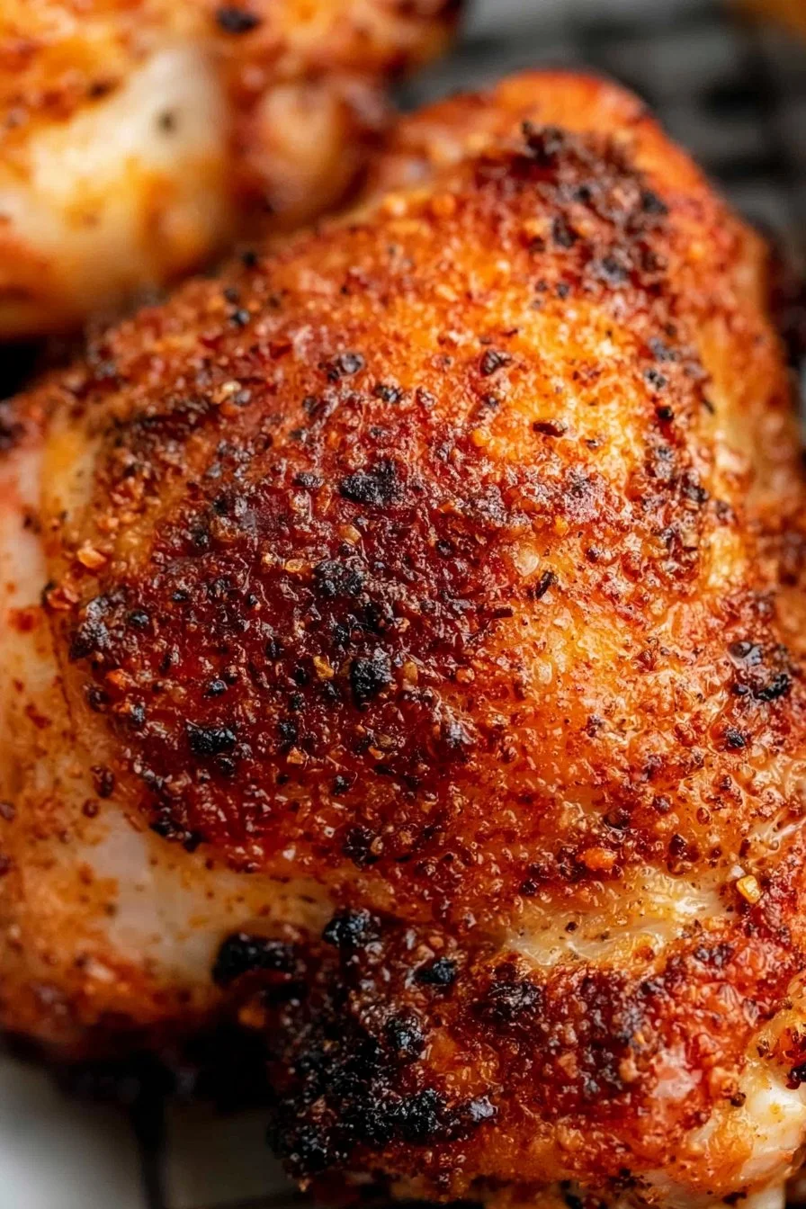 Crispy air fryer chicken thighs served on a plate with herbs