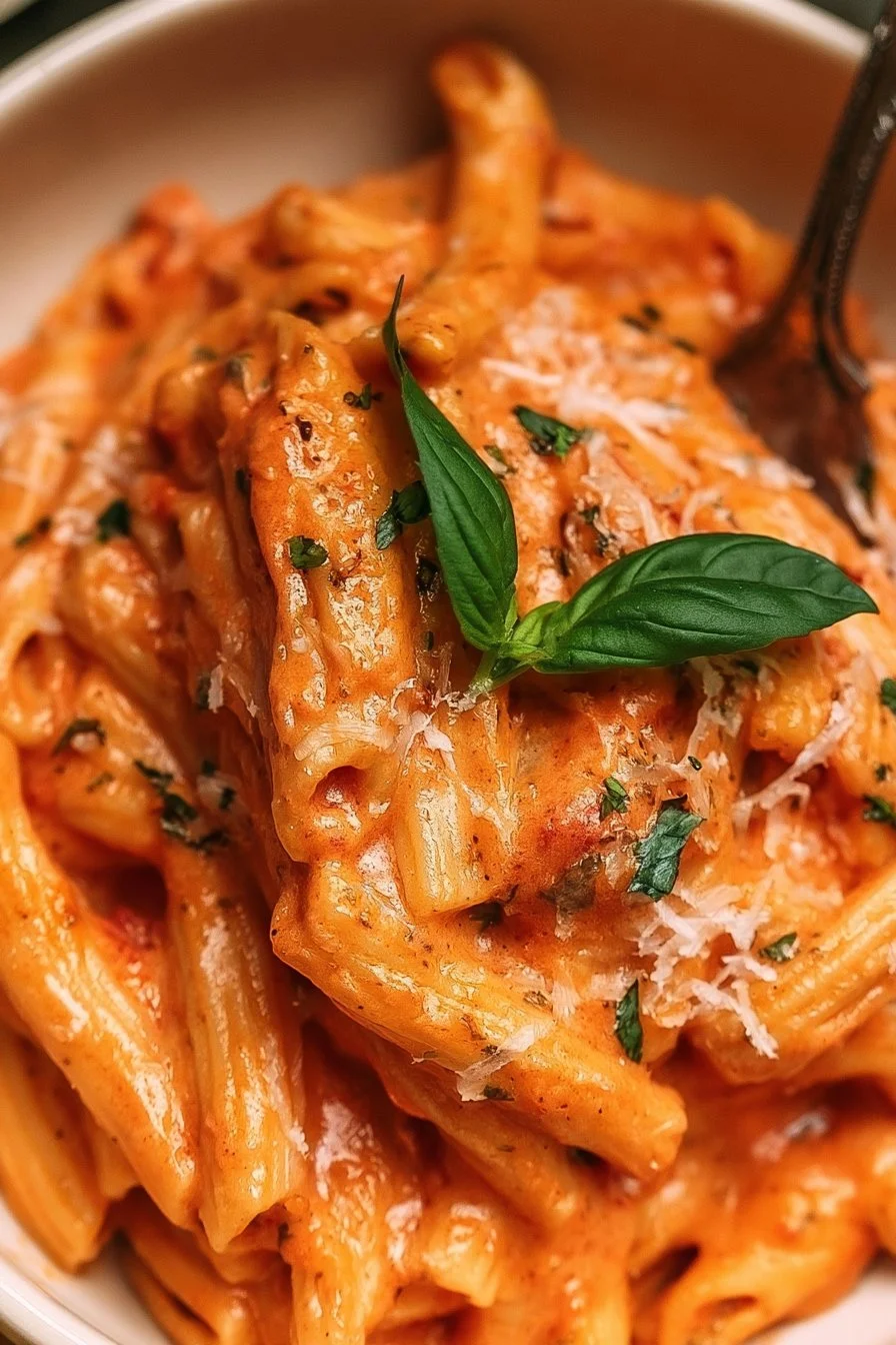 Bowl of creamy tomato pasta topped with fresh basil and grated cheese