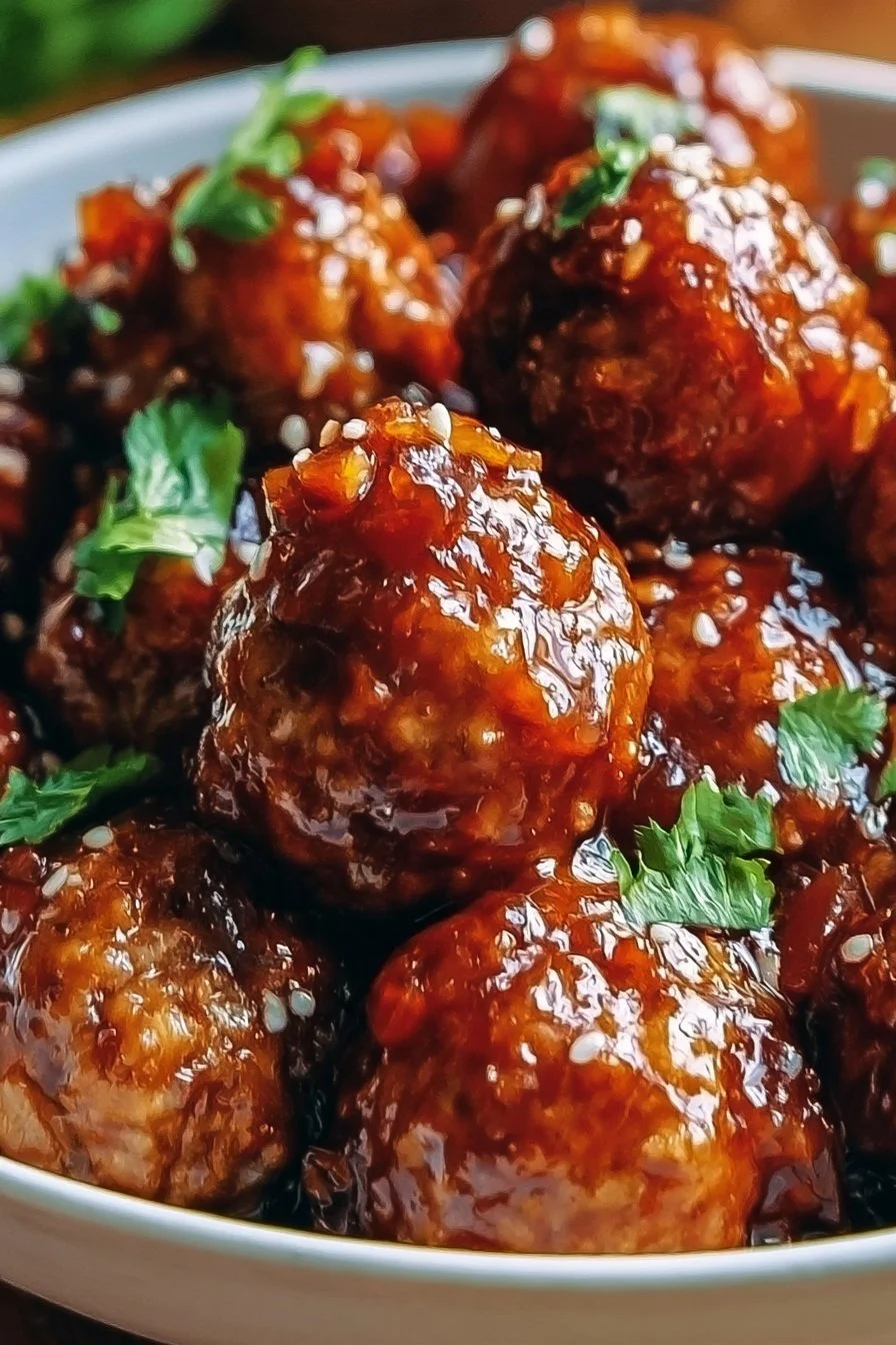 Delicious Sweet Chili Meatballs served on a platter, garnished with green onions.