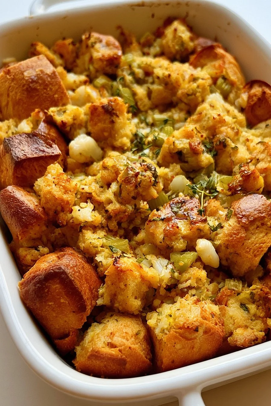 Delicious sweet Hawaiian bread stuffing in a serving dish with herbs and spices.