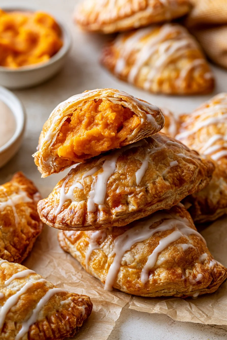 Homemade sweet potato hand pies freshly baked and ready to serve.