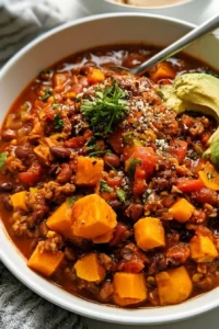 Bowl of sweet potato turkey chili topped with fresh herbs