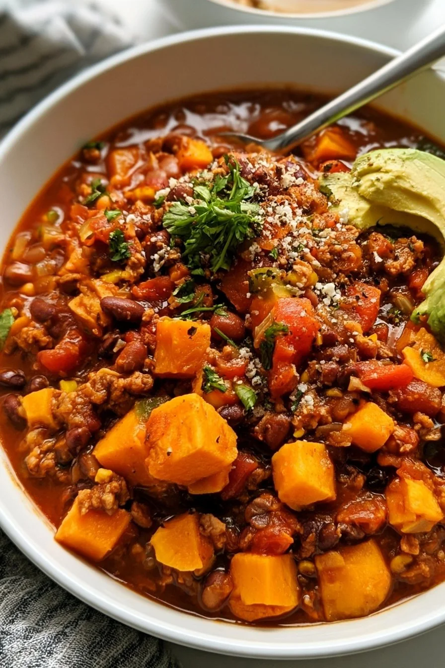 Bowl of sweet potato turkey chili topped with fresh herbs