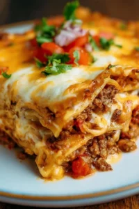 Delicious Taco Lasagna served on a plate with toppings