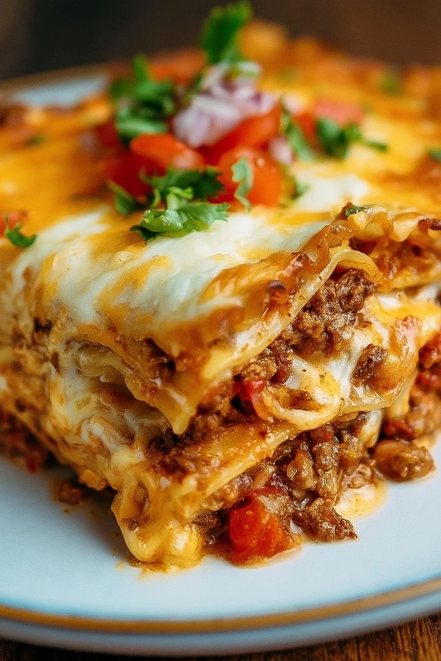Taco Lasagna Recipe 1 Delicious Taco Lasagna served on a plate with toppings