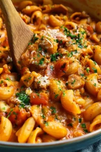 One pot taco pasta recipe with ground beef, cheese, and spices