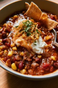 Delicious bowl of Taco Soup with beans, corn, and spices