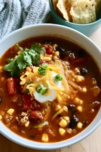 Delicious bowl of Taco Soup topped with cheese and cilantro