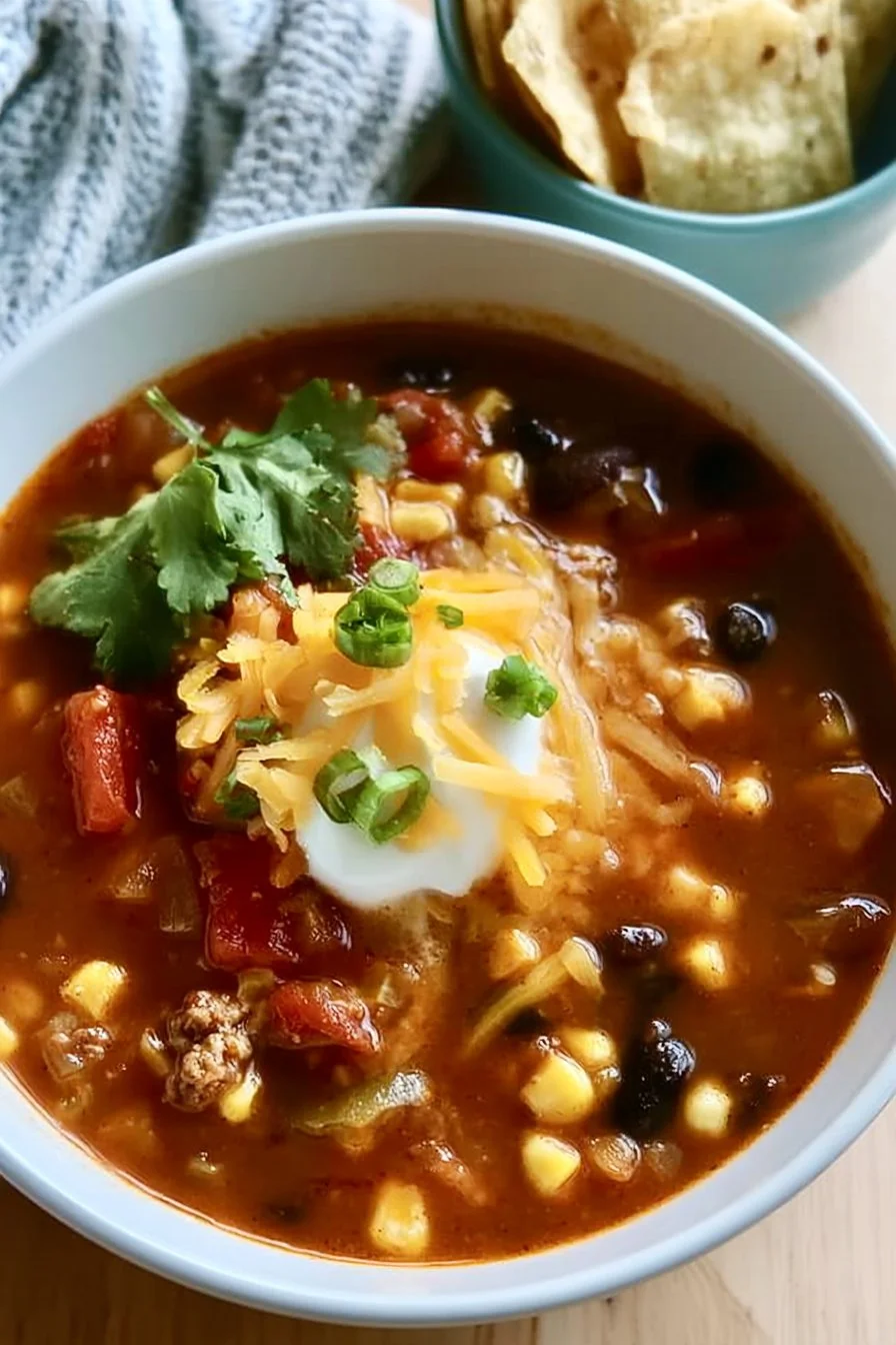 Delicious bowl of Taco Soup topped with cheese and cilantro