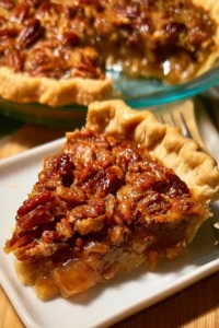 Texas pecan pie with golden crust and pecans on a wooden table