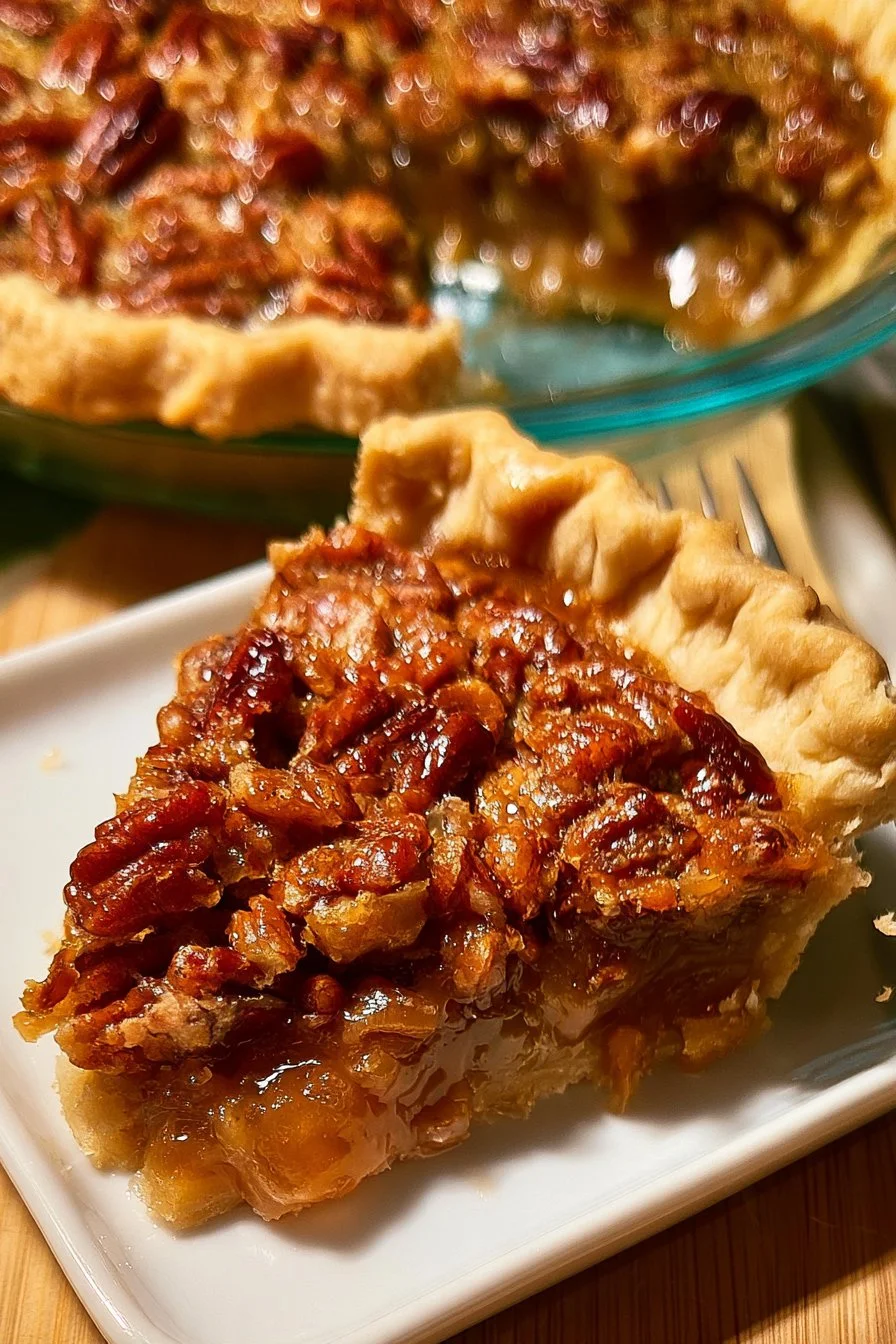 Texas pecan pie with golden crust and pecans on a wooden table