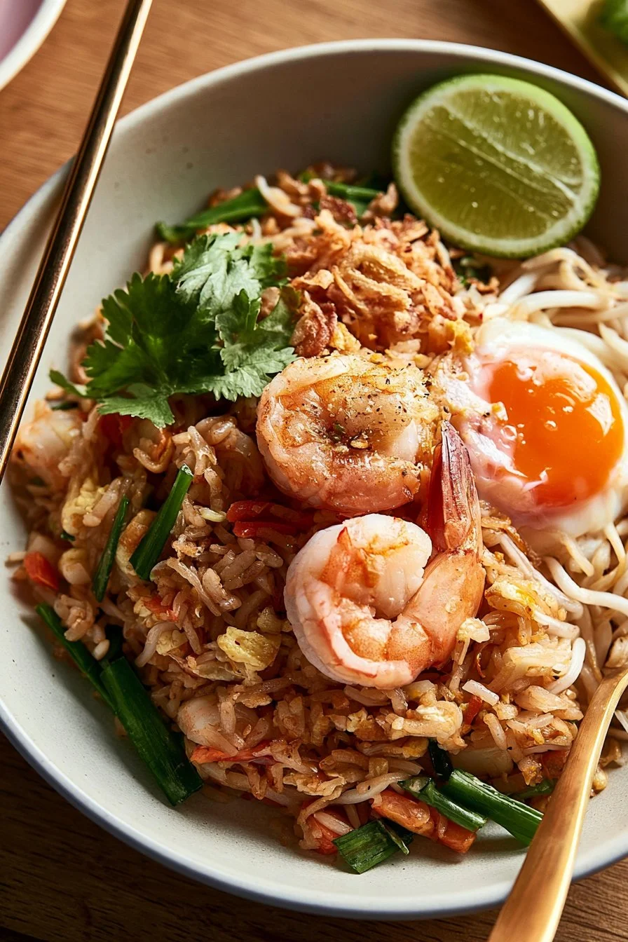 Bowl of flavorful Thai fried rice with vegetables and herbs