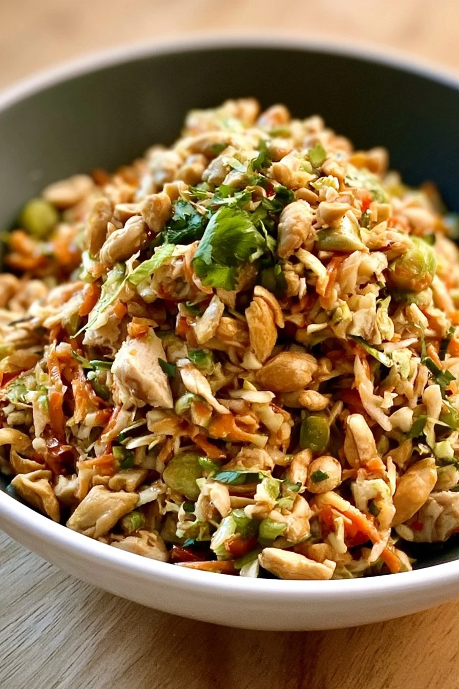Thai Peanut Chicken Crunch Slaw Salad with vibrant vegetables and peanut sauce