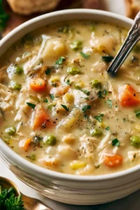 A warm bowl of Chicken Pot Pie Soup topped with herbs and served with crusty bread.
