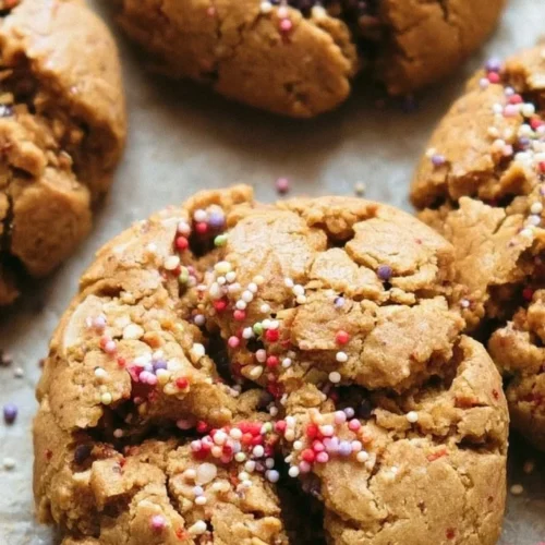 Cracked round cookies with a visible center filling and colorful sprinkles
