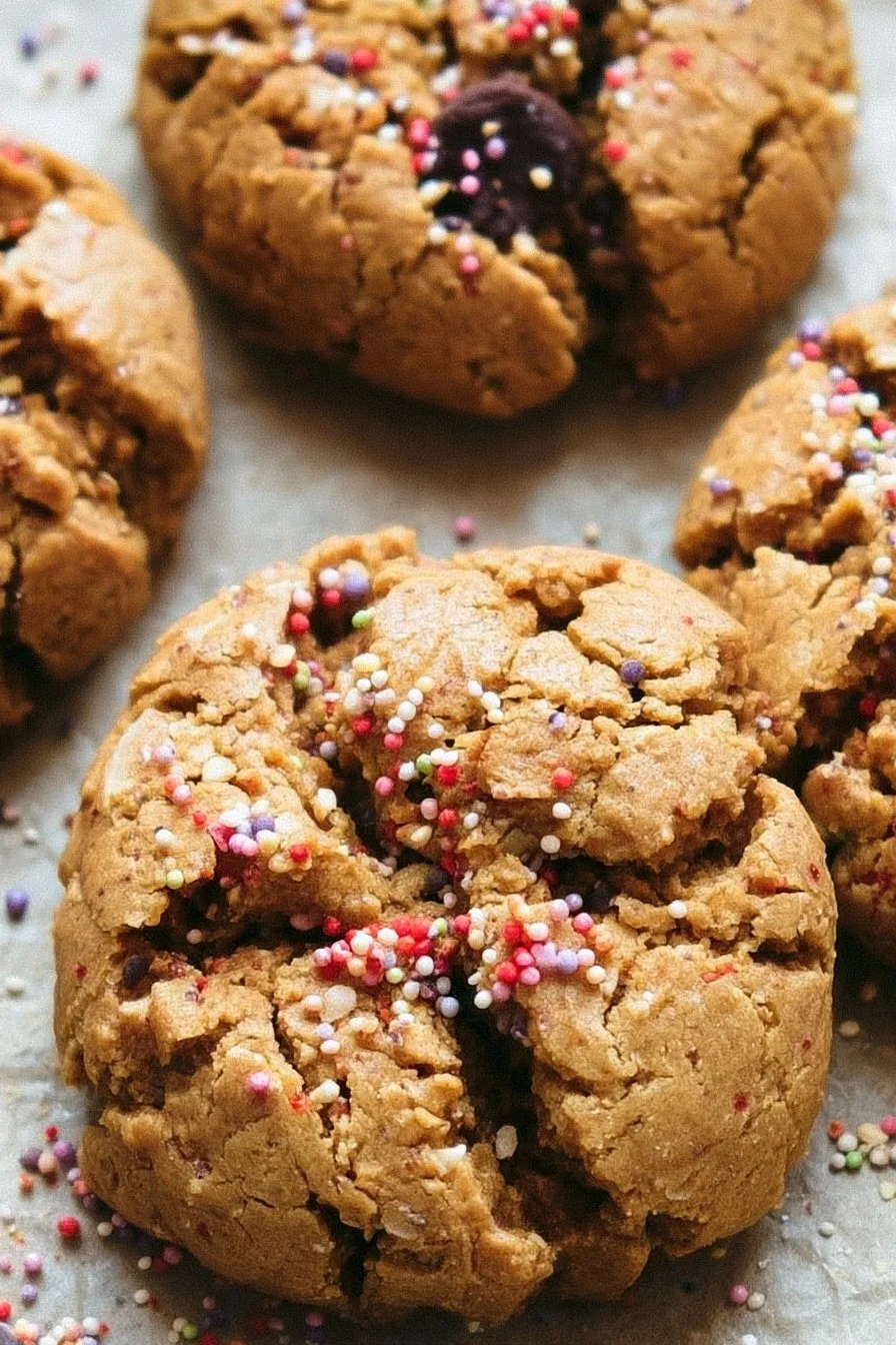 Cracked round cookies with a visible center filling and colorful sprinkles