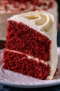 Deliciously moist red velvet cake with cream cheese frosting