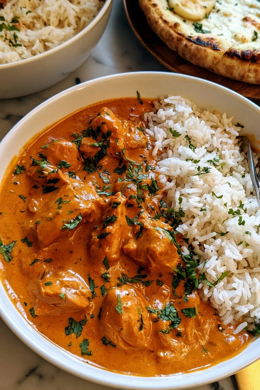 Plate of easy 30-minute butter chicken garnished with fresh cilantro.