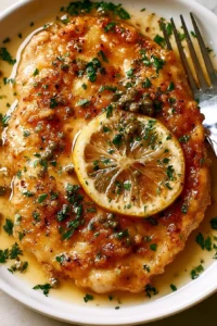 Delicious chicken piccata with lemon sauce served on a plate