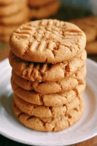 Thick and chewy peanut butter cookies piled on a plate