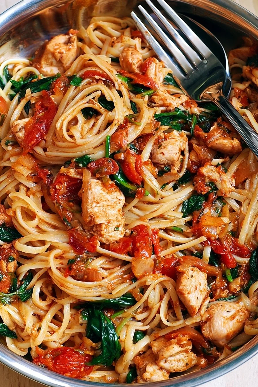 A bowl of Tomato Spinach Chicken Pasta garnished with fresh herbs.