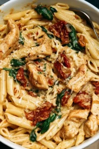 Delicious Tuscan Chicken Pasta garnished with herbs and sun-dried tomatoes