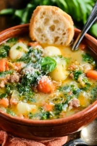 Bowl of hearty Tuscan Soup with vegetables and herbs