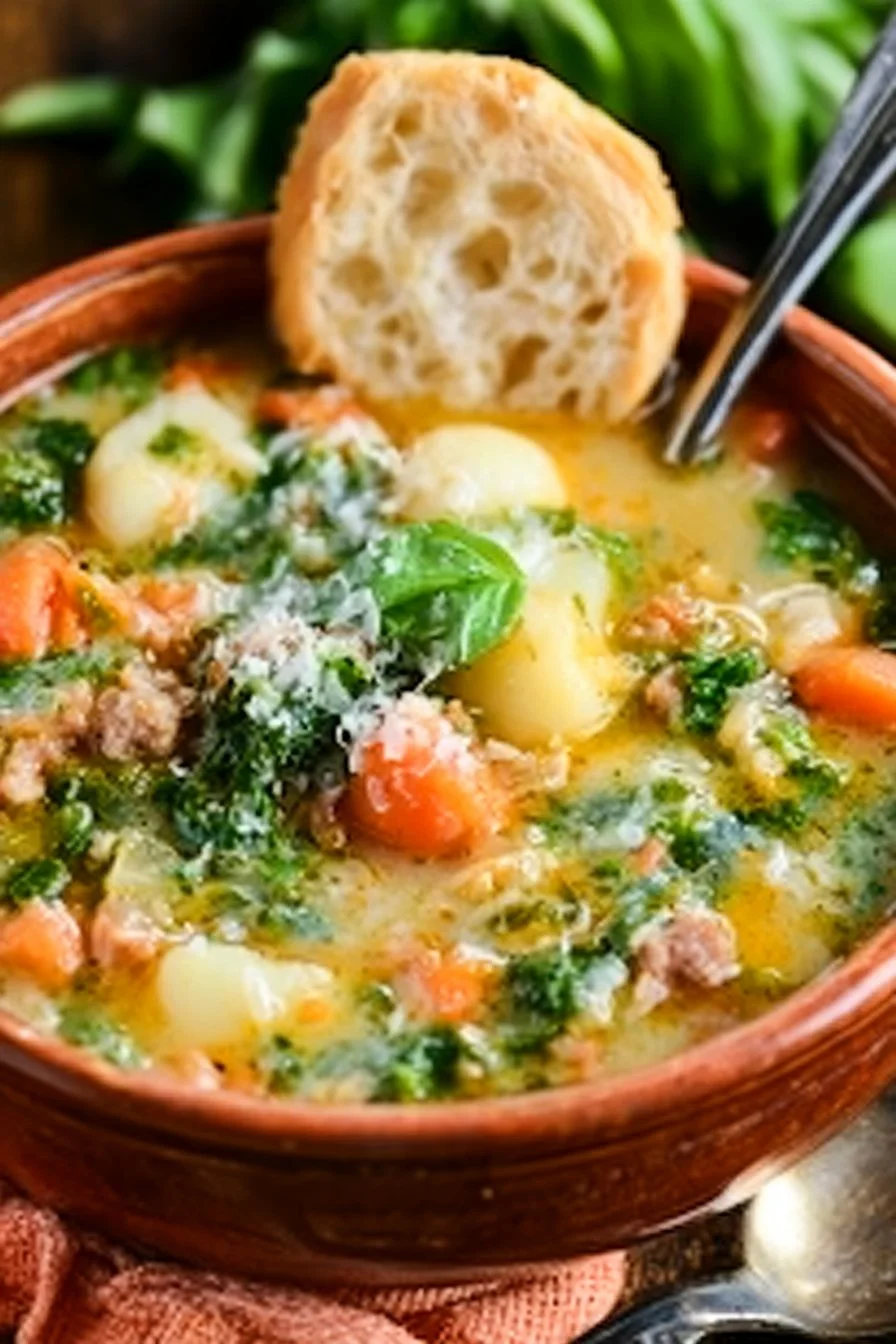 Bowl of hearty Tuscan Soup with vegetables and herbs
